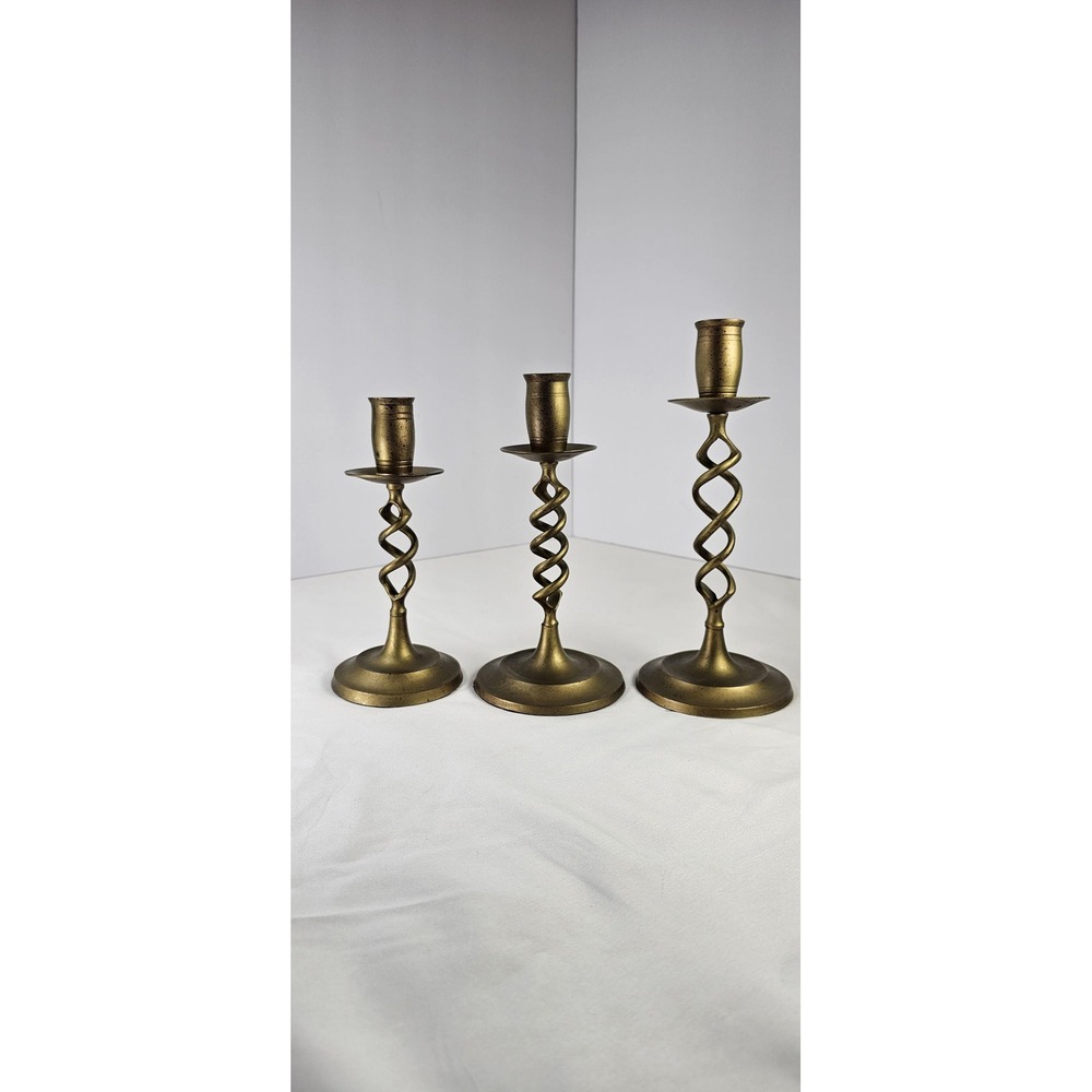 Three Vintage Brass‎ Unique Open Spiral Twisted Design Candle Sticks